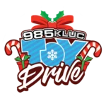 985 KLUC Toy Drive logo featuring festive elements like a red ribbon, candy canes, and snowflake, representing Big Bully Turf's holiday bike donation initiative.