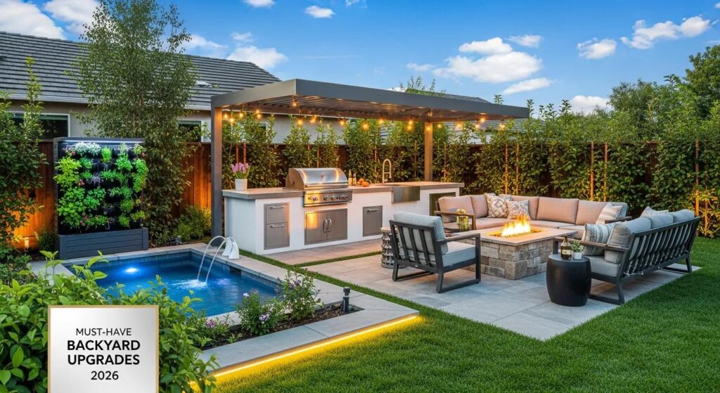 Backyard with modern outdoor kitchen, fire pit seating area, and lush greenery, highlighting must-have upgrades for 2026.