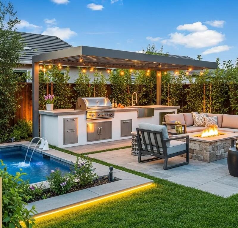 Backyard patio featuring a modern outdoor kitchen with a grill, fire pit seating area, and swimming pool, surrounded by lush greenery and decorative lighting, enhancing outdoor living spaces.