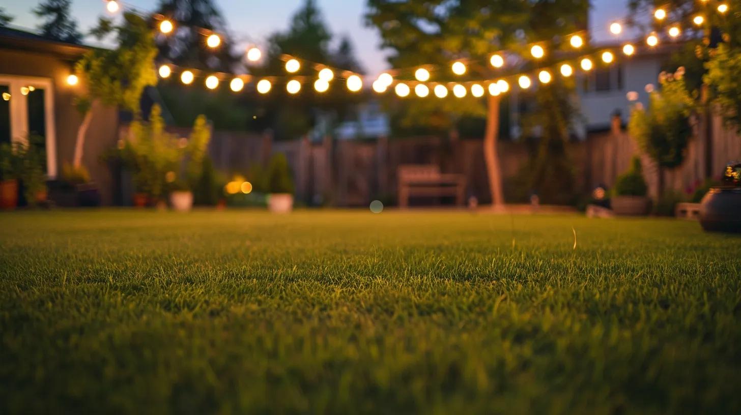 Back yard with artificial turf and string lighting at night. focus on the outdoor lighting