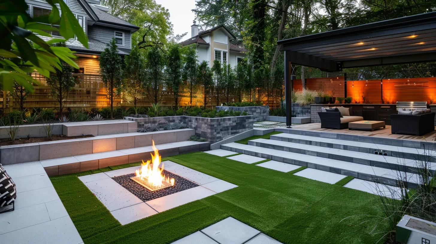 backyard with artificial grass and a custom patio with a fire pit. place the firepit as the focus point