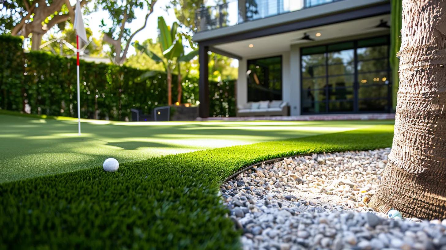 Back yard artificial grass putting green, with focus on the putting green with a wide angle