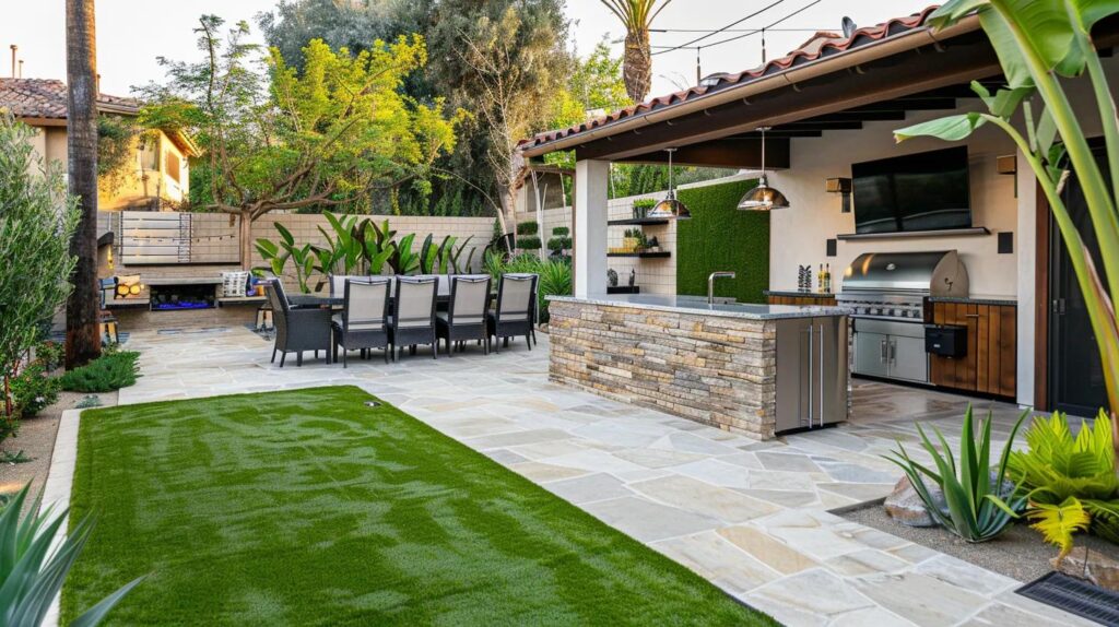 backdoor backyard with artificial grass and hardscape and a out door kitchen, with a focus on the outdoor kitchen
