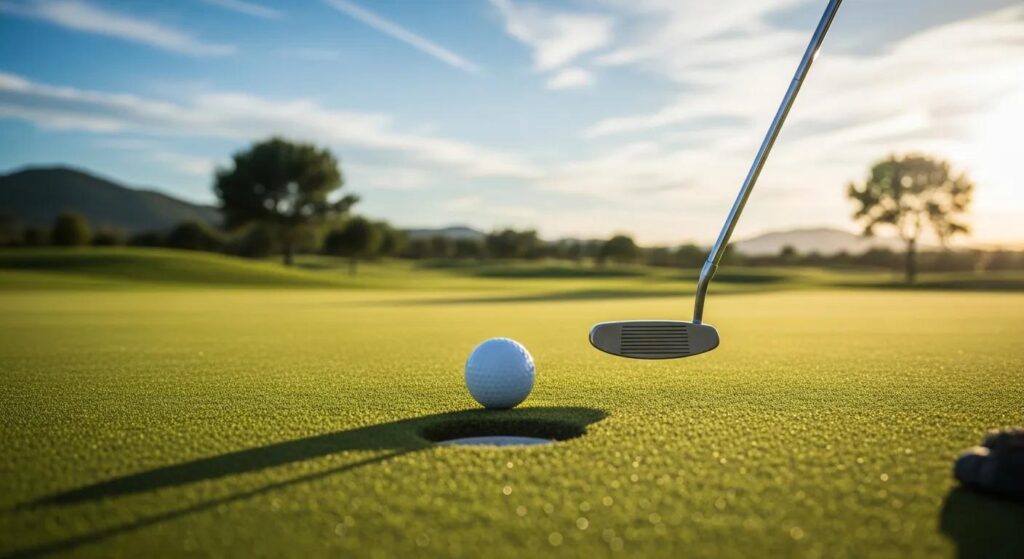 Golf putter approaching a golf ball on a backyard putting green, emphasizing home golf practice and outdoor improvement.