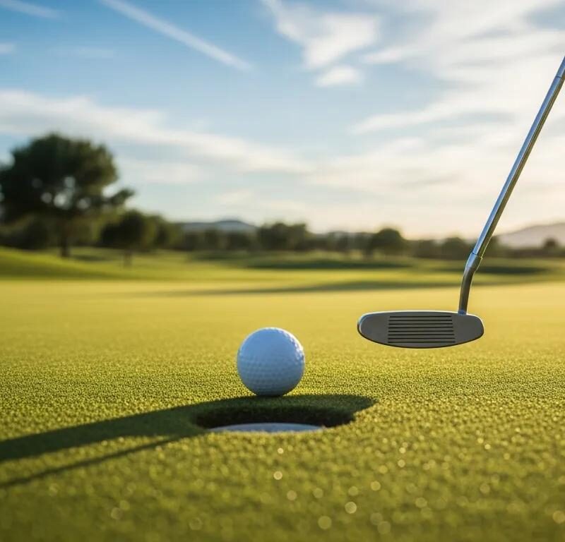 Golf putter poised over a golf ball near the hole on a lush, artificial putting green, showcasing backyard golf installation.
