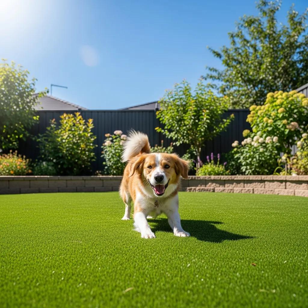 Happy dog playing on artificial grass in a sunny Salt Lake City backyard