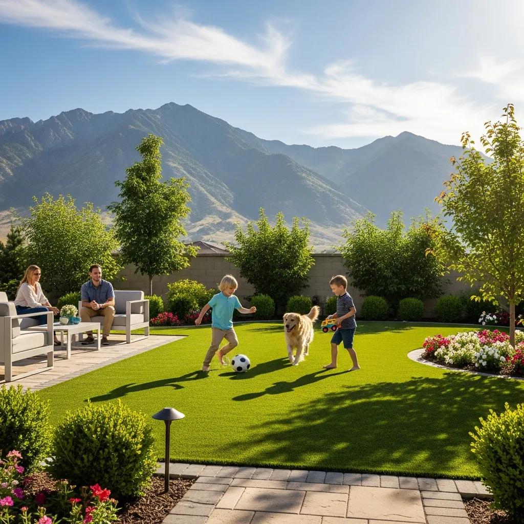 Family enjoying a landscaped yard with artificial turf in Utah, showcasing durability and aesthetic appeal