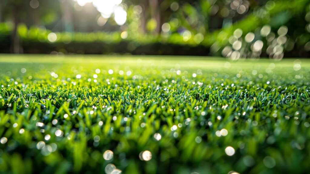 Artificial grass with weeds growing through in a back yard