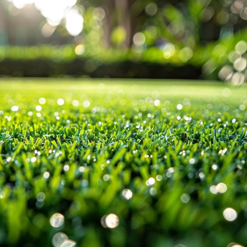 Artificial grass with weeds growing through in a back yard