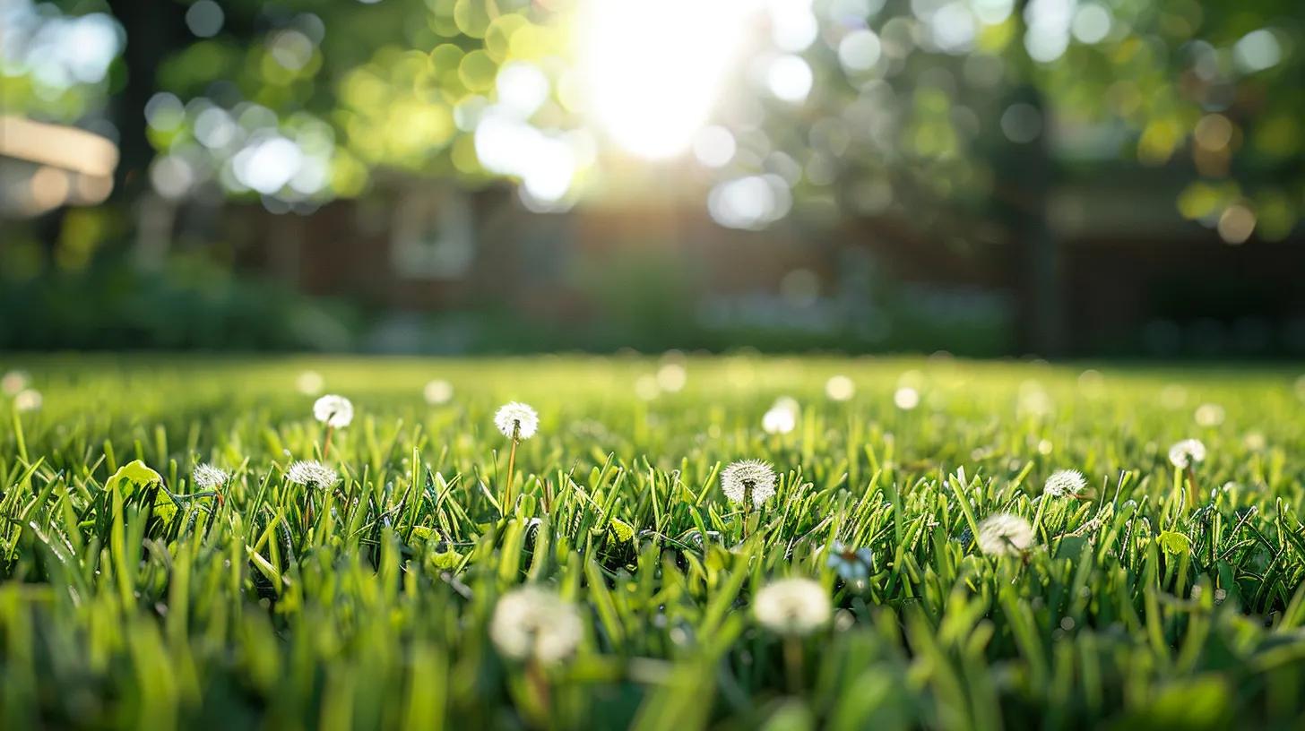 A residential backyard with artificial grass installed, with just a few tall dandelion weeds sporadically poking up through the edges of the turf. Realistic, natural daylight, photorealistic.