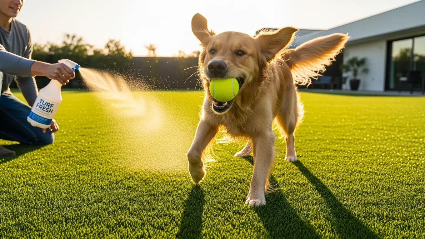 Dog playing on clean artificial grass while owner uses deodorizing spray for maintenance