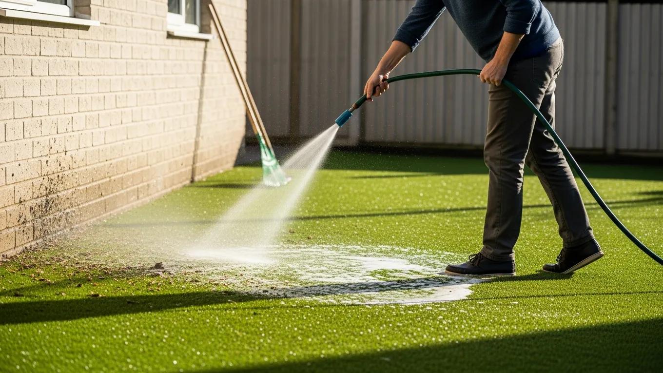 Person rinsing artificial grass with a hose, showcasing effective cleaning techniques