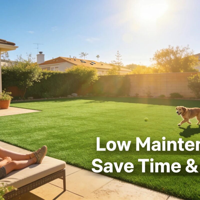 Lush artificial turf lawn in sunny San Diego backyard illustrating low maintenance and savings benefits
