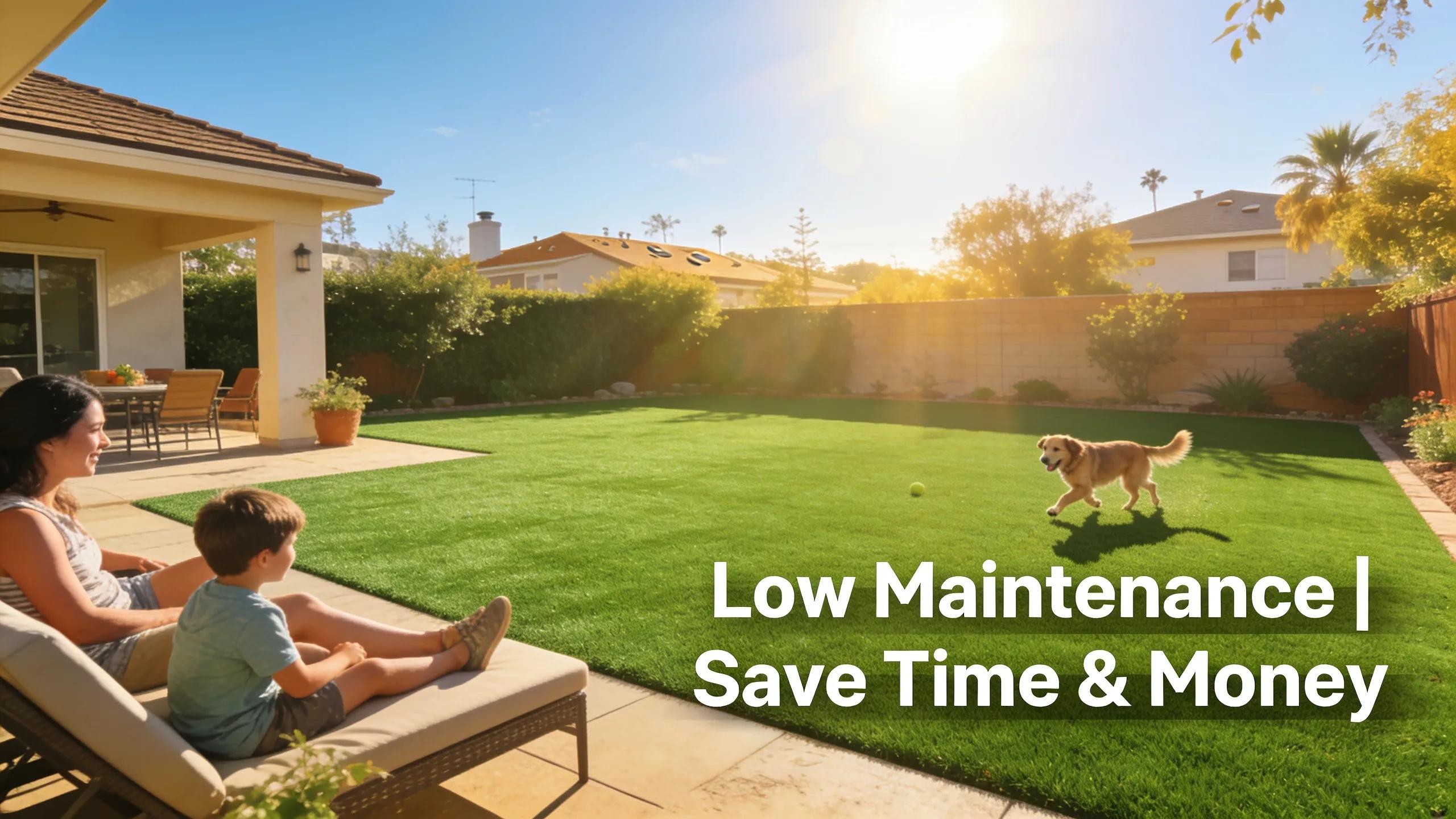 Lush artificial turf lawn in sunny San Diego backyard illustrating low maintenance and savings benefits
