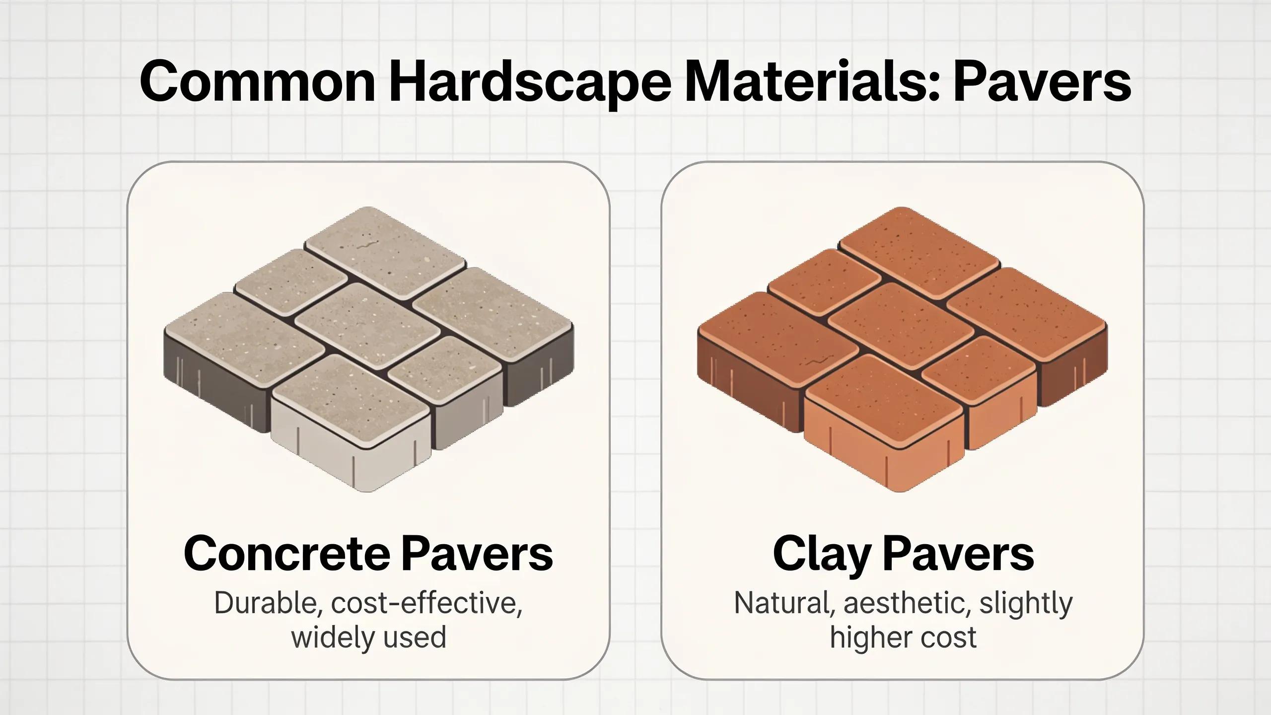 Pavers are the most common hardscape material and are typically made from concrete, clay