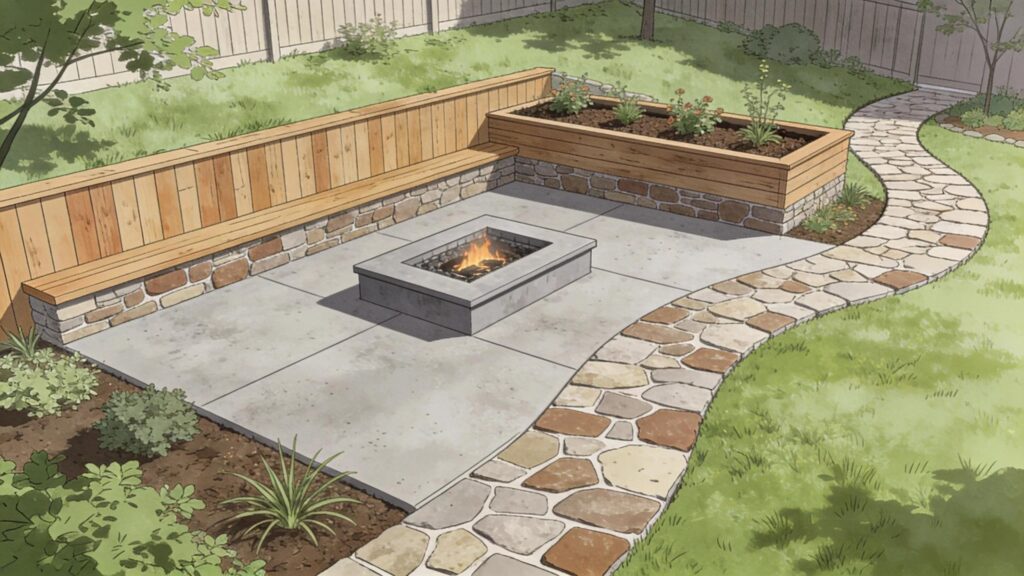 Hardscape includes all non-living, solid structural elements in a yard such as patios, walkways, retaining