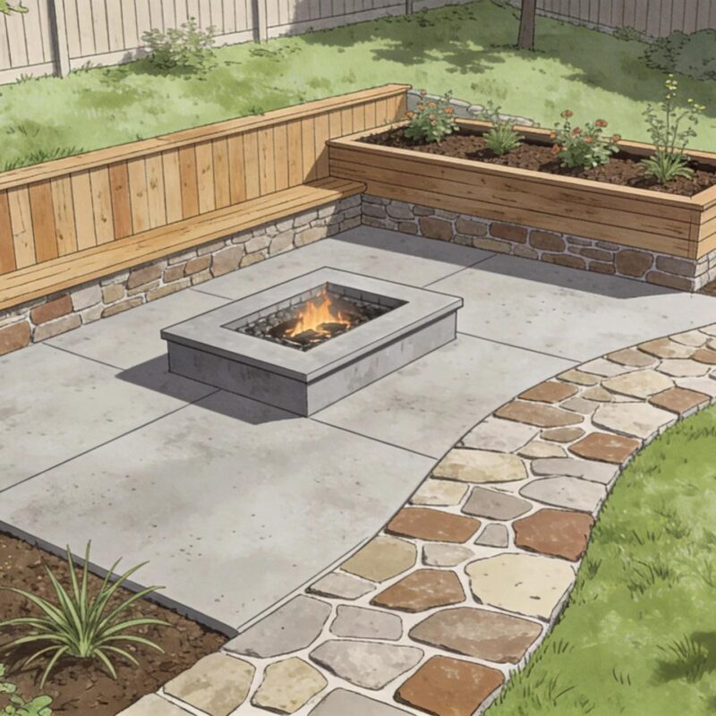 Hardscape includes all non-living, solid structural elements in a yard such as patios, walkways, retaining