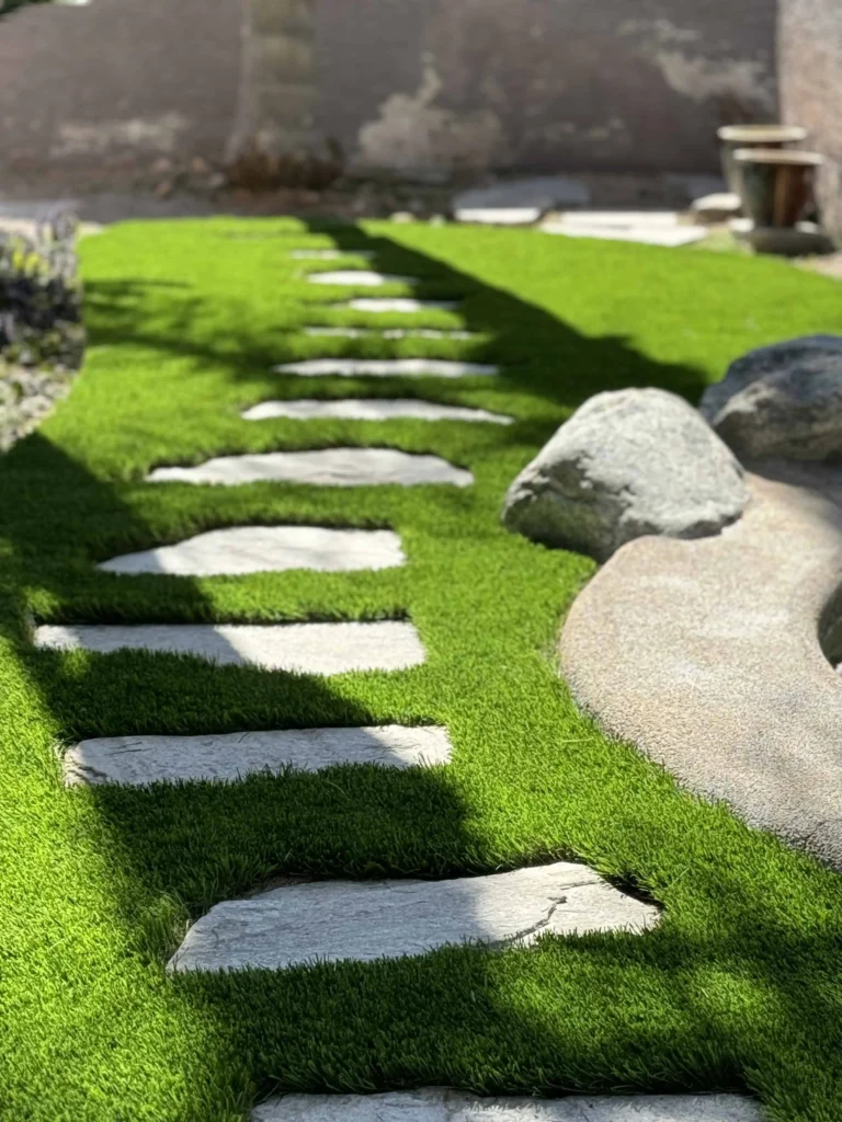Artificial grass with inset stepping stone walkway at a San Antonio home